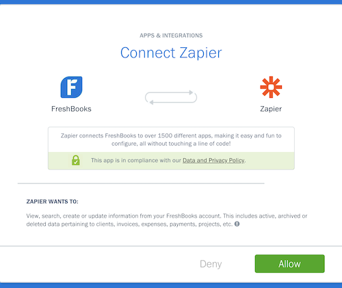 Allow button to grant Zapier access to FreshBooks.
