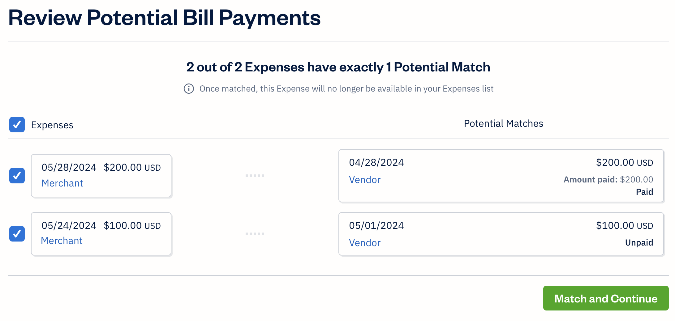 Two suggested matches for two expenses and bills